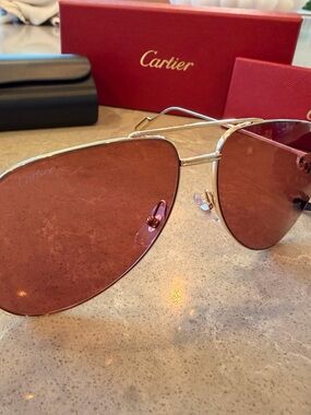 NEW Cartier UNISEX gold aviator sunglasses with burgundy brown lenses